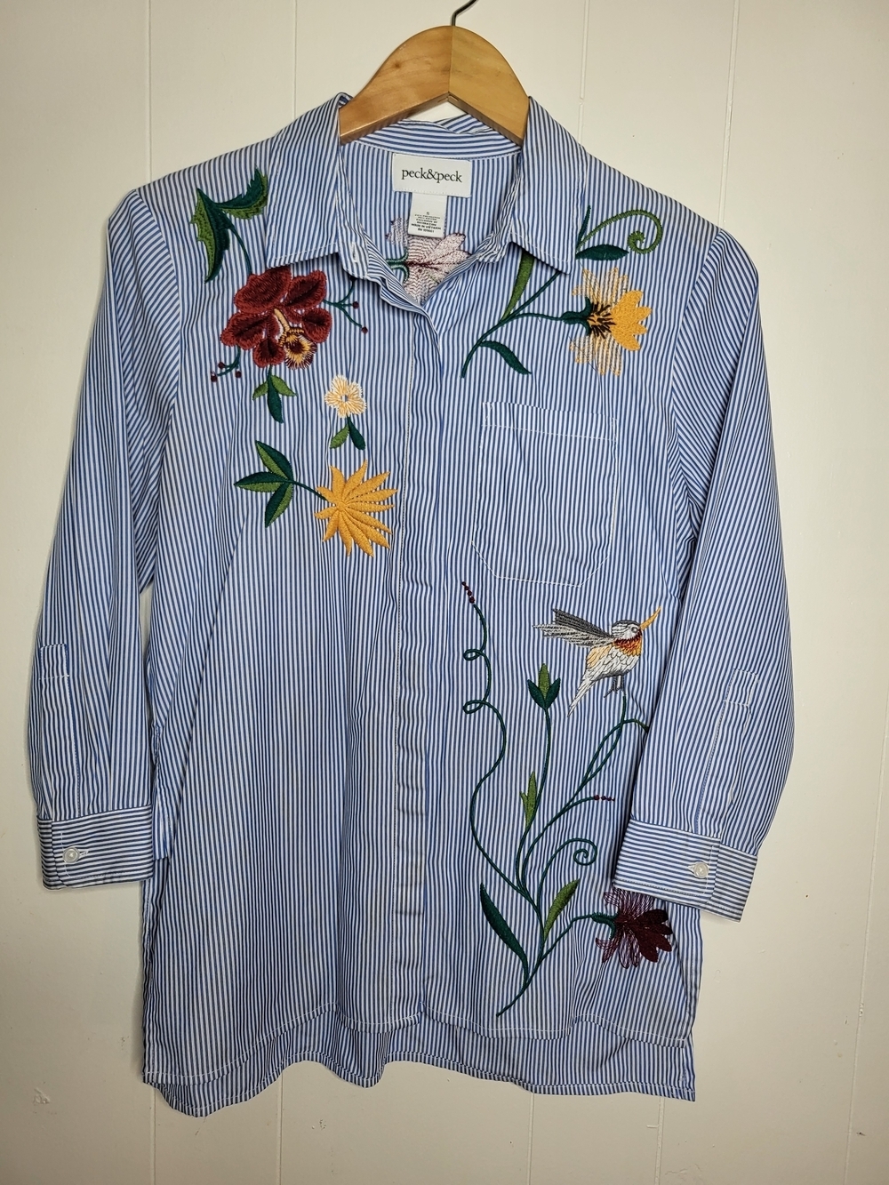 Peck & Peck Blue Striped Embroidered Tunic Shirt with Floral & Bird Motifs